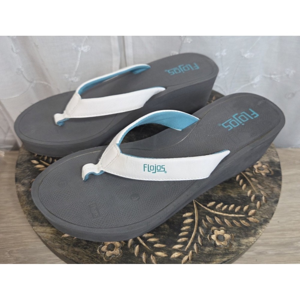 Flojos KIRA Gray White Wedge Sandal with Teal‎ Accents Women's 8